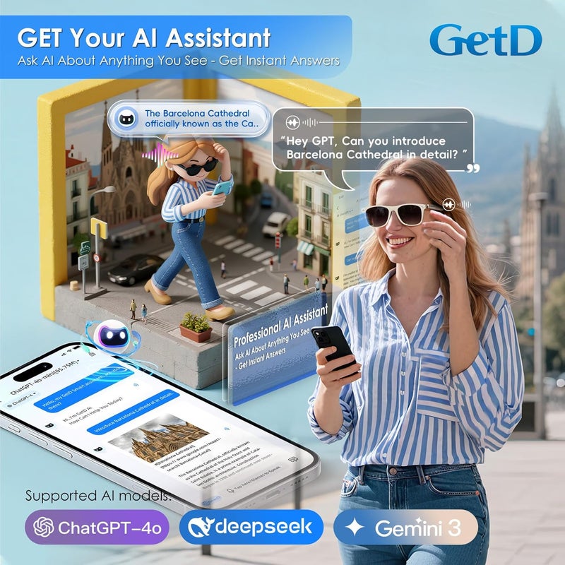 GetD AI Glasses for Men & Women, Smart Glasses Powered by ChatGPT, AI Real-time Translation with 107 languages, 11H Music Play, Bluetooth Sunglasses with Polarized Lens, UV Protection for Daily Use, Travel - Image 4